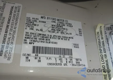 2005 Ford Expedition Limited z USA, uszkodzony, nr VIN 1FMFU19515LB10382